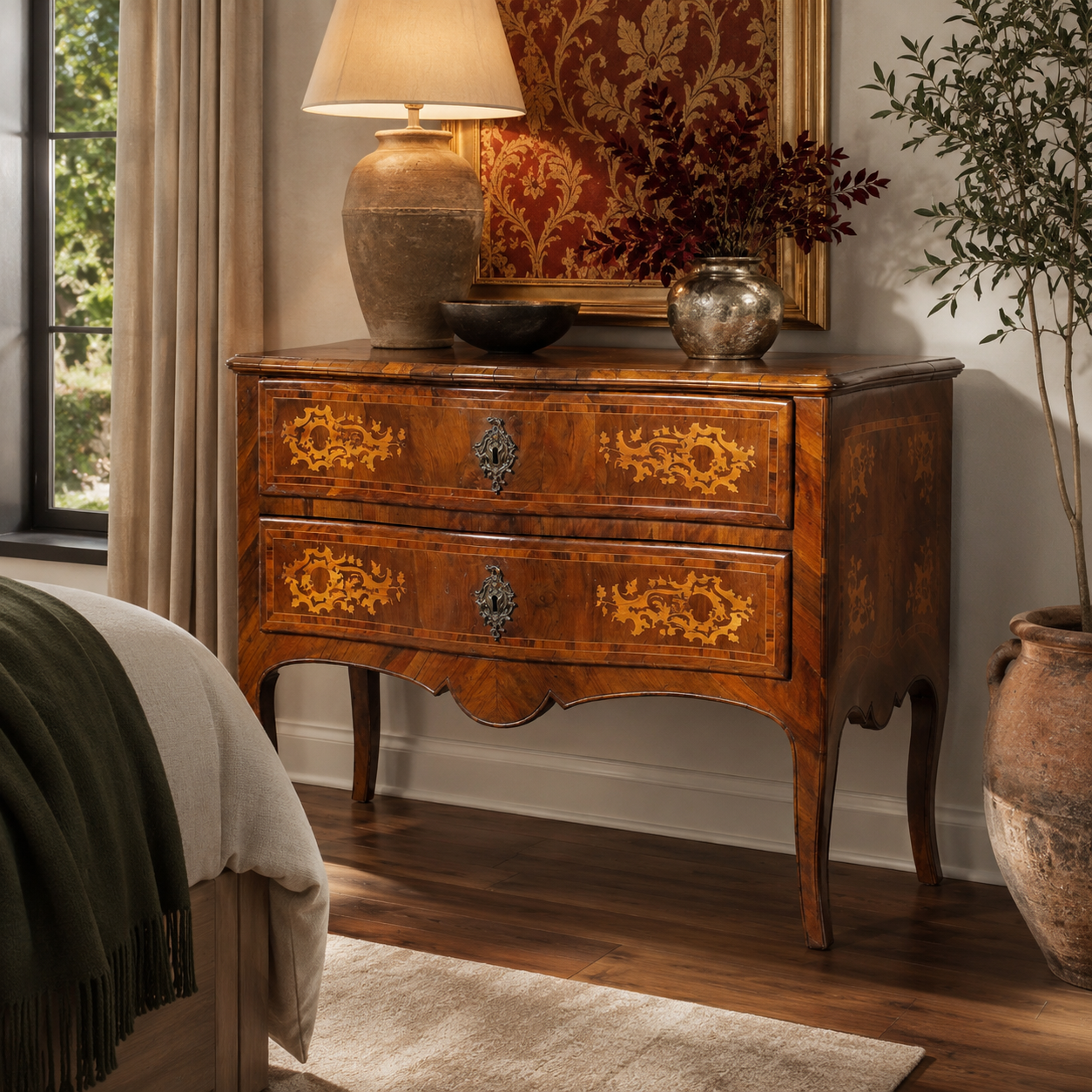 Antique-style walnut wood dresser with two drawers featuring intricate marquetry inlay floral patterns, ornate bronze escutcheon hardware, and elegant cabriole legs.