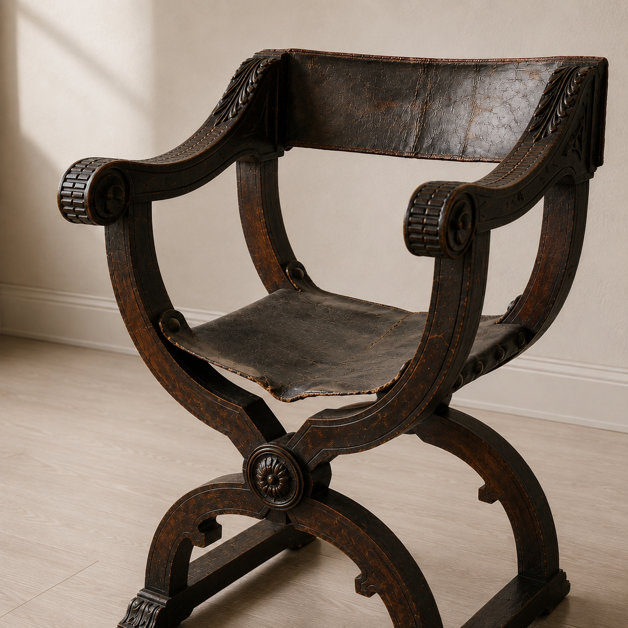 Antique Savonarola X-frame armchair in dark ebonized wood with aged embossed leather seat and back, ornate carved acanthus and rosette details, Renaissance style