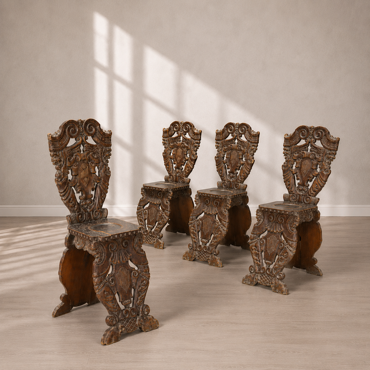 Set of four ornately hand-carved dark walnut wood sgabello chairs featuring elaborate Baroque scrollwork, shield-shaped backs, trestle bases, and inlaid details throughout.