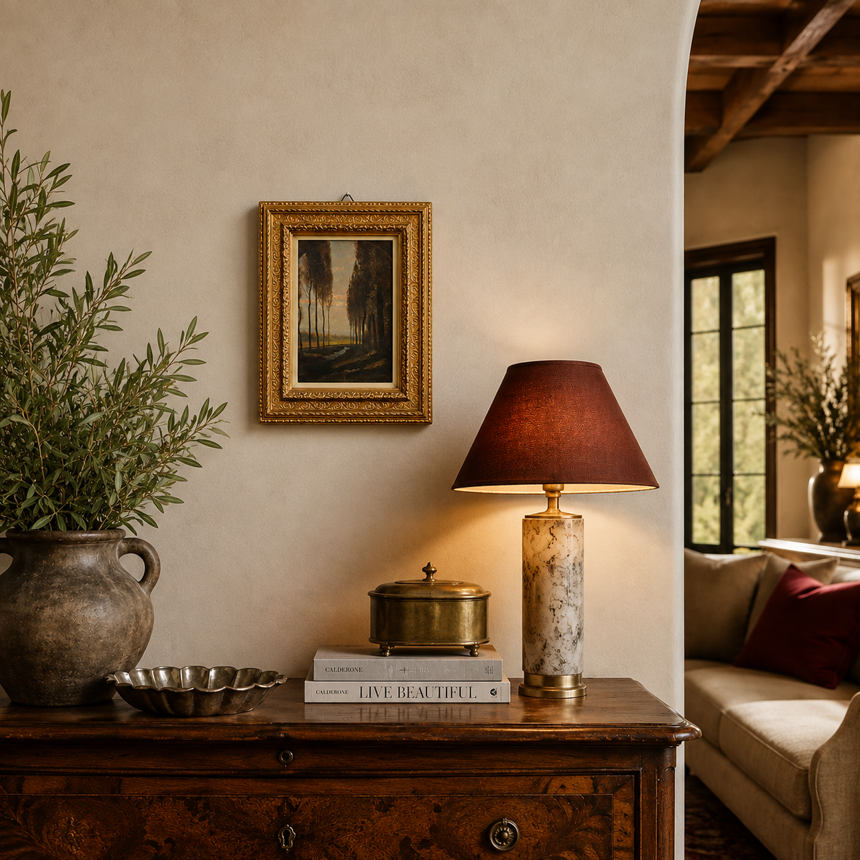 Elegant table lamp with cylindrical marble base, brass accents, and deep burgundy empire shade, glowing warmly atop a dark wood dresser in a Tuscan-style interior.
