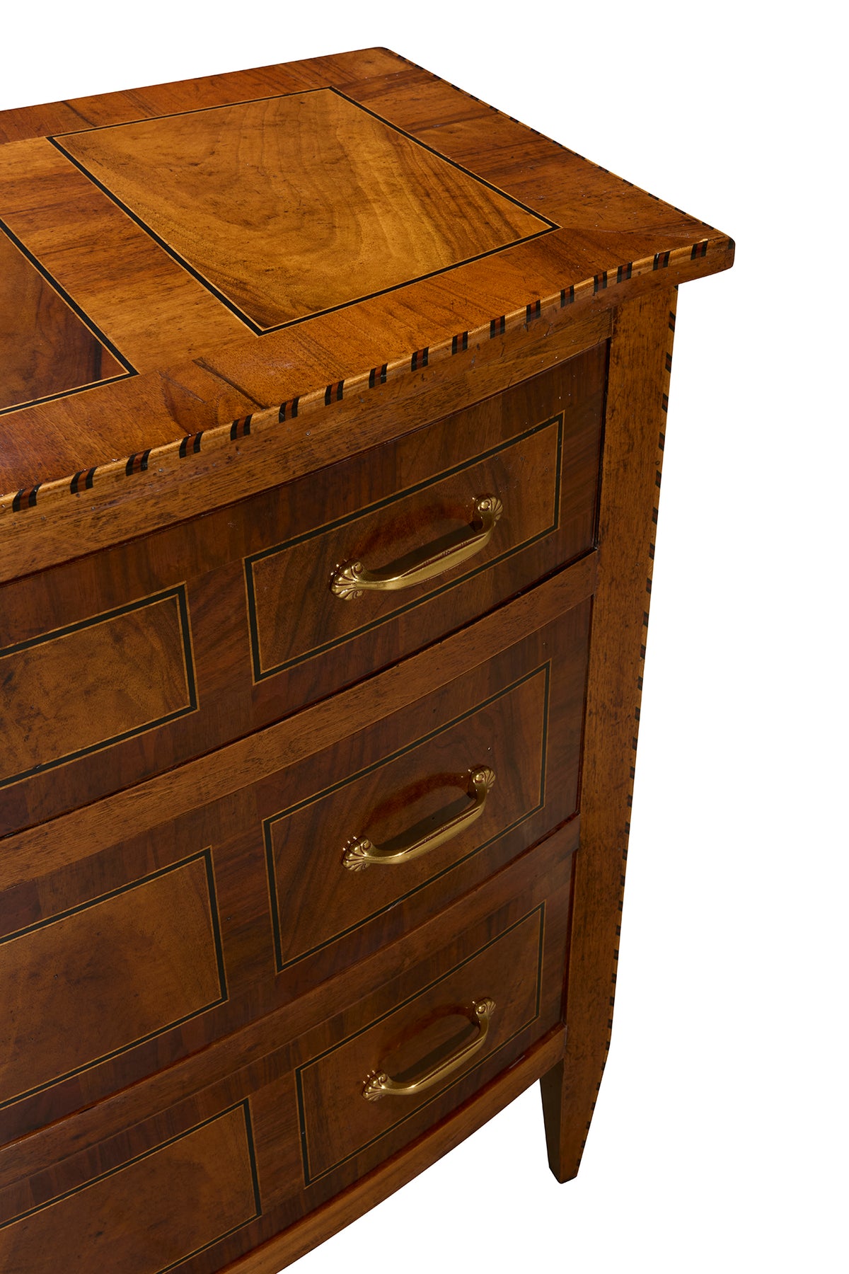 Traditional wooden chest of drawers with warm brown finish, featuring decorative inlay details, brass handles, and dovetail joinery on edges. Three visible drawers with panel styling.