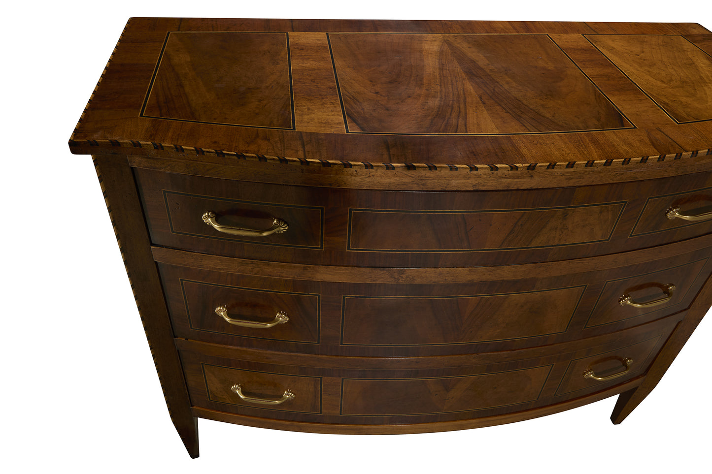 Traditional curved front chest of drawers in rich brown wood with brass hardware, featuring decorative inlay panels on top and rope-twist edge detail
