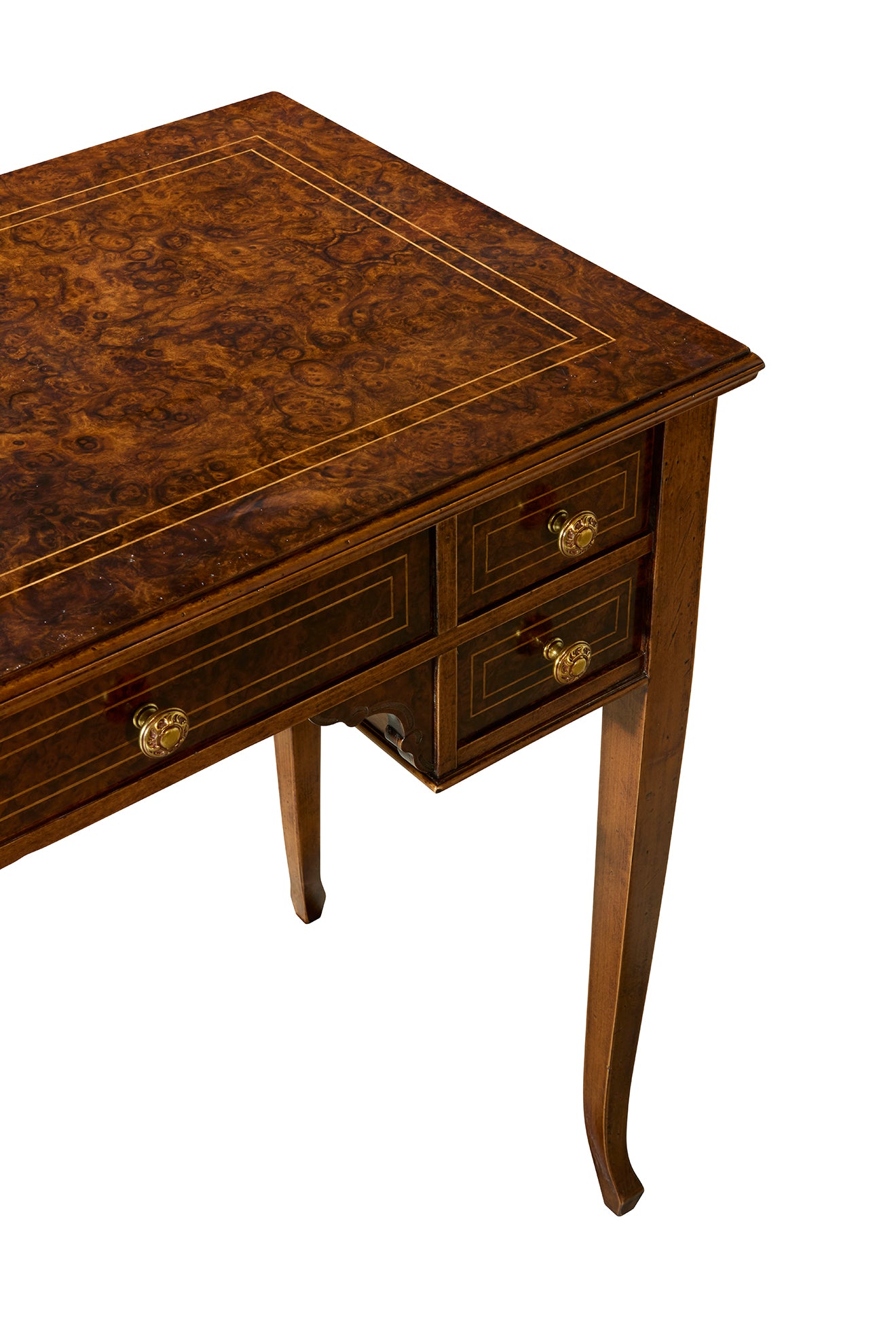 Traditional wooden chest with rich burled wood grain finish, featuring ornate inlay border details on top and drawer fronts, brass hardware, and curved cabriole legs