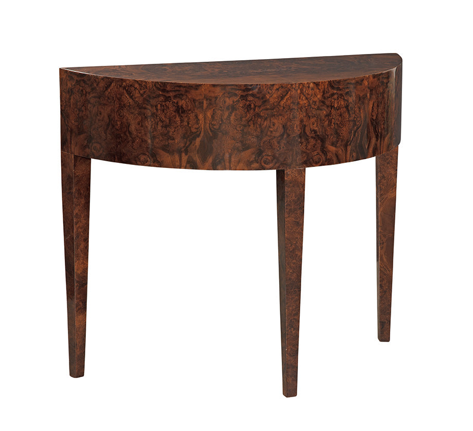 Half-moon console table with rich burl wood veneer in warm brown tones, featuring curved front apron and tapered legs, perfect for entryways or against walls