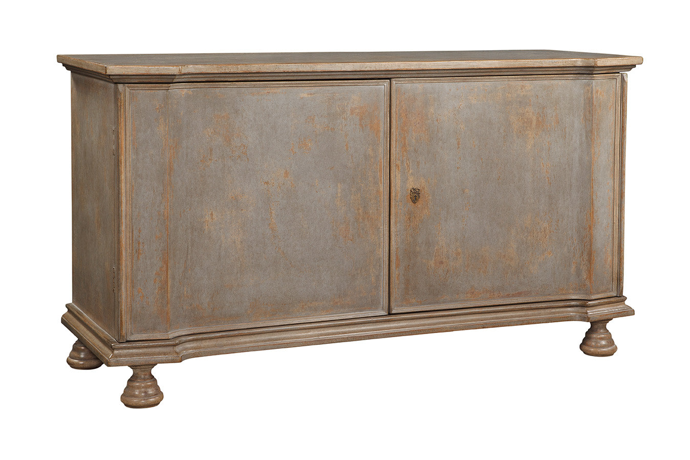 Weathered gray wooden sideboard chest with distressed finish, featuring two flat panel doors, decorative turned feet, and molded top edge in traditional European style