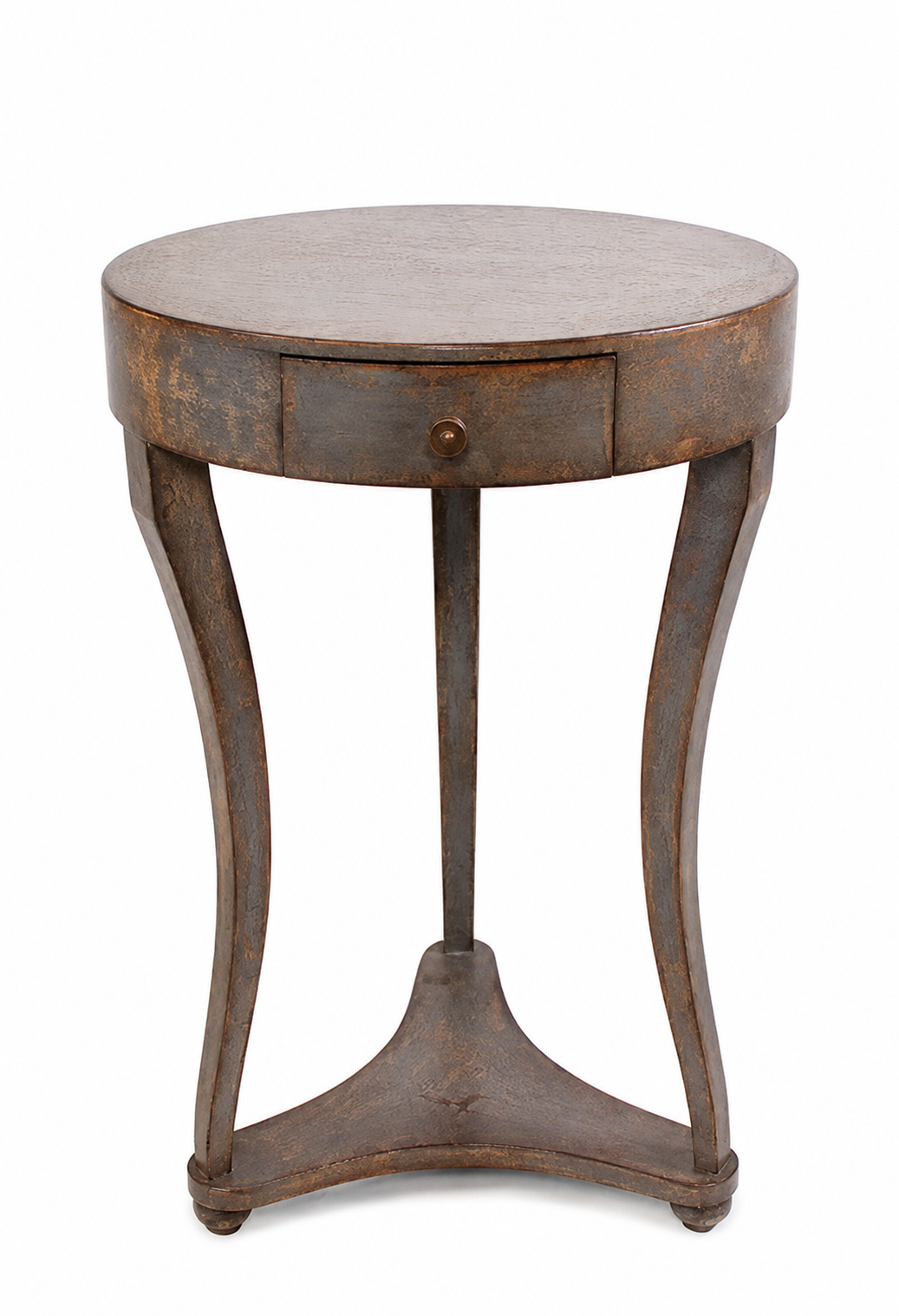 Round occasional side table with distressed bronze-brown finish, single drawer with round knob, elegant curved tripod legs connected by triangular stretcher base with bun feet.