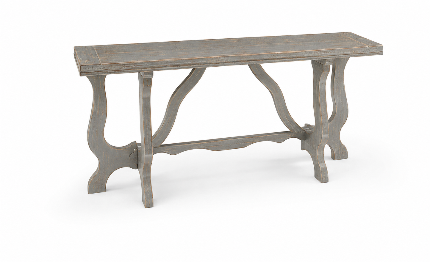 Distressed gray-blue wood console table with ornate scrolled trestle legs, decorative stretcher base, and rectangular planked top in a vintage farmhouse style.