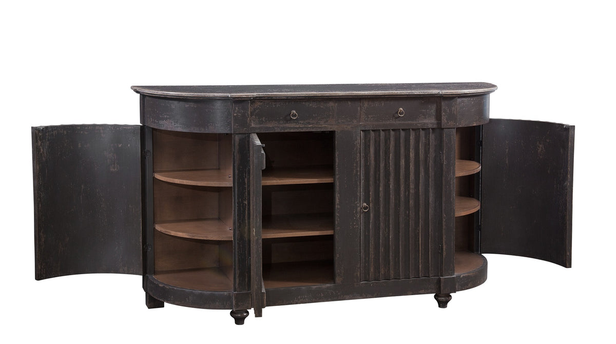 Dark brown distressed wooden sideboard with curved front, four cabinet doors open to reveal curved interior shelving, two small drawers, and turned feet in traditional style