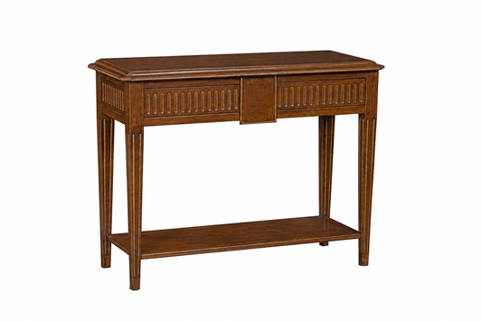 Traditional brown wood console table with two fluted drawers, tapered fluted legs, lower shelf, and warm walnut finish. Classic detailing with carved panel fronts.