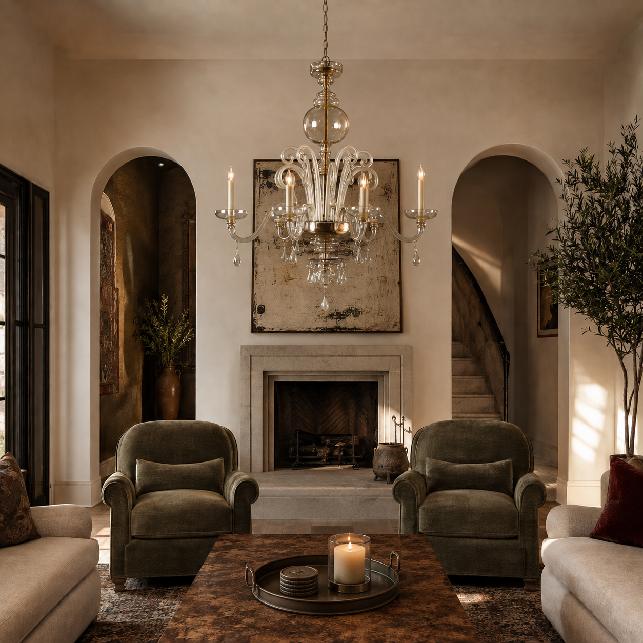 Elegant glass and brass chandelier with curved arms, candle-style lights, and crystal drops, hanging in a warm Mediterranean-style living room above green velvet armchairs.