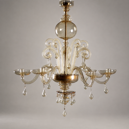 Venetian Murano glass chandelier with 6 scroll arms, amber-gold tint, teardrop pendants, decorative globe, and cup-shaped candle holders in elegant traditional style