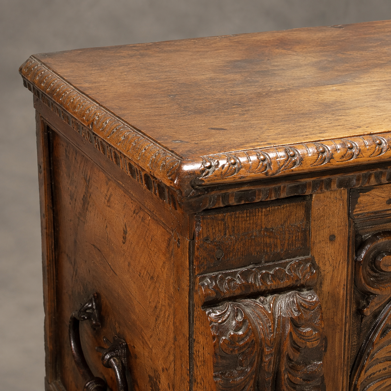 Antique carved oak chest with ornate acanthus leaf relief details, egg-and-dart molding along top edge, dark bronze ring pull hardware, rich warm brown patina