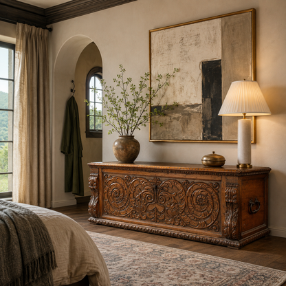 Antique-style heavily carved wooden chest with ornate scrollwork and floral motifs in rich walnut brown, featuring decorative brass hardware and intricate Renaissance-inspired detailing.