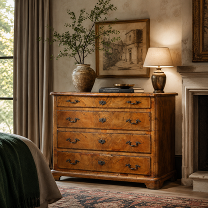 Antique Italian-style wooden chest of 4 drawers with burled walnut veneer, ornate dark metal hardware, warm honey-brown finish, styled with vintage decor
