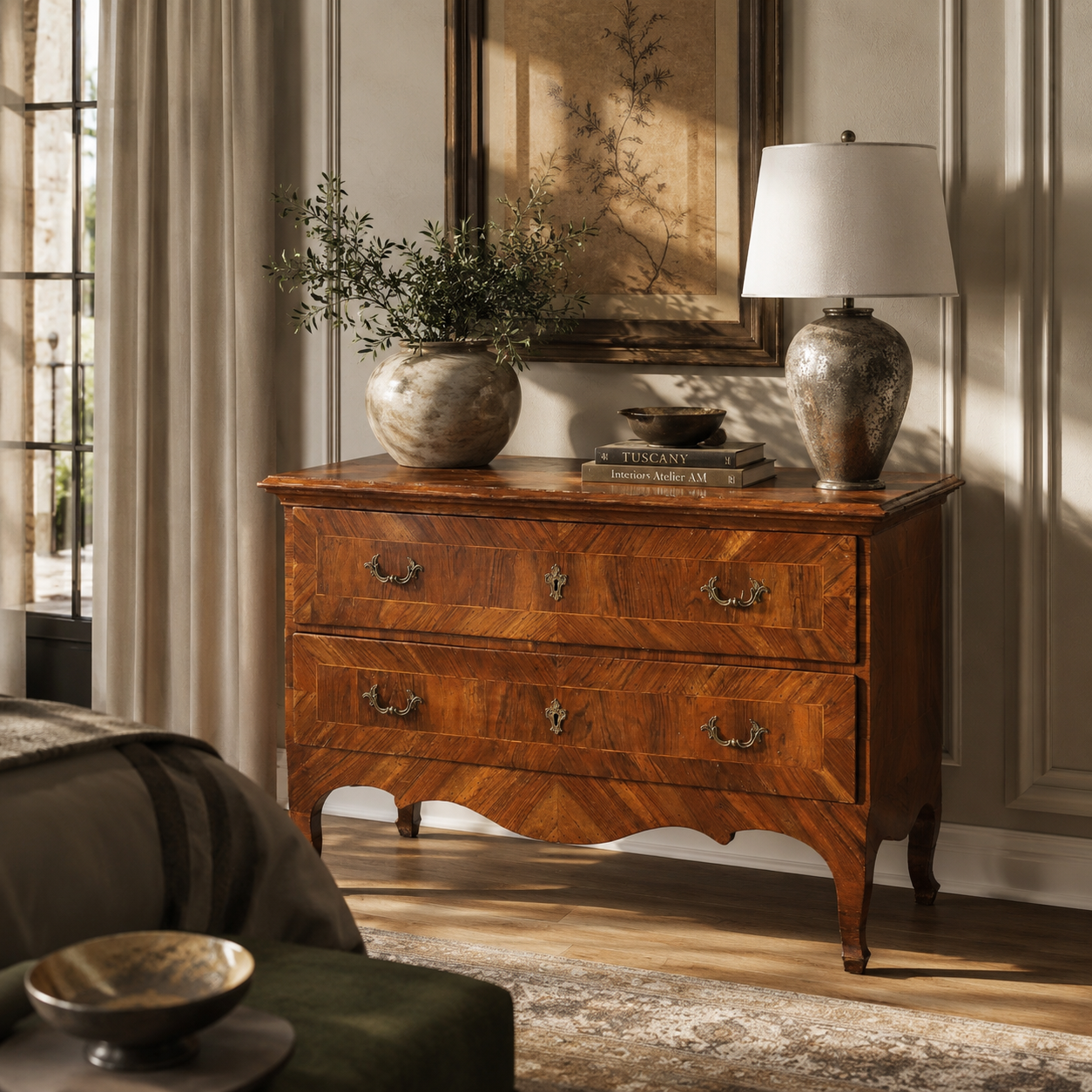 Antique-style two-drawer wooden chest with herringbone parquet veneer, ornate brass hardware, cabriole legs, and scalloped apron in warm walnut tones