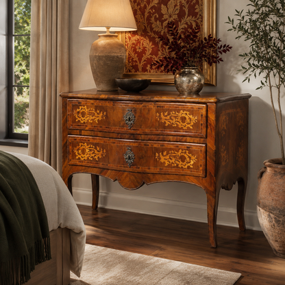 Antique-style walnut wood dresser with two drawers featuring intricate marquetry inlay floral patterns, ornate bronze escutcheon hardware, and elegant cabriole legs.