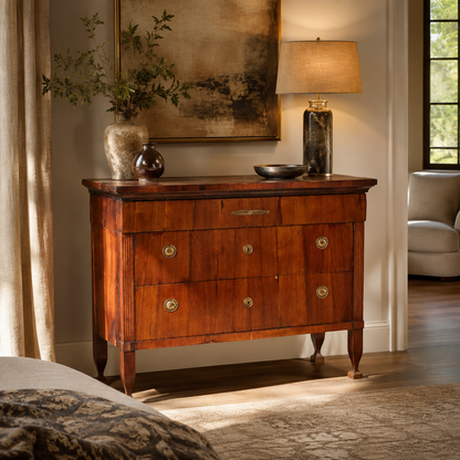 Antique-style cherry wood dresser with brass hardware, fluted side panels, tapered legs, and rich warm tones, styled with decorative vases and a table lamp.