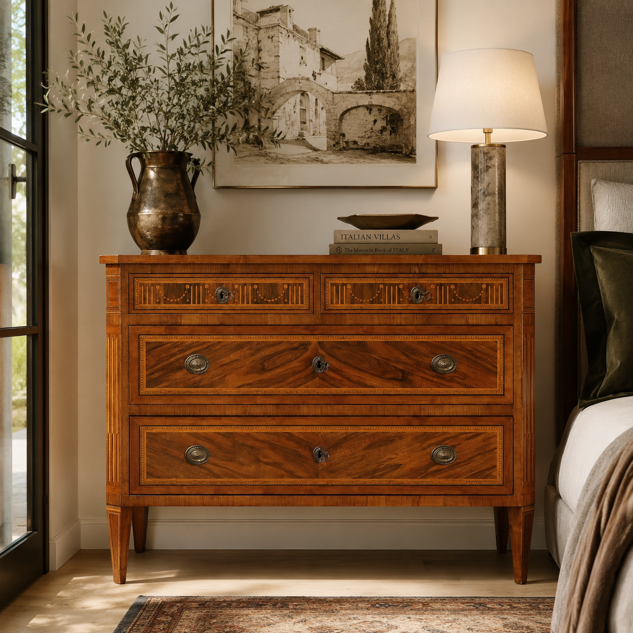 Antique-style walnut chest of drawers with marquetry inlay, brass oval pulls, tapered legs, and rich warm brown wood grain featuring 4 drawers.