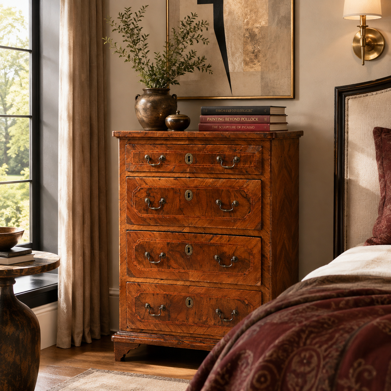 Antique-style tall chest of drawers in warm walnut with parquetry veneer, brass bail pulls, keyhole escutcheons, four graduated drawers, and bracket feet