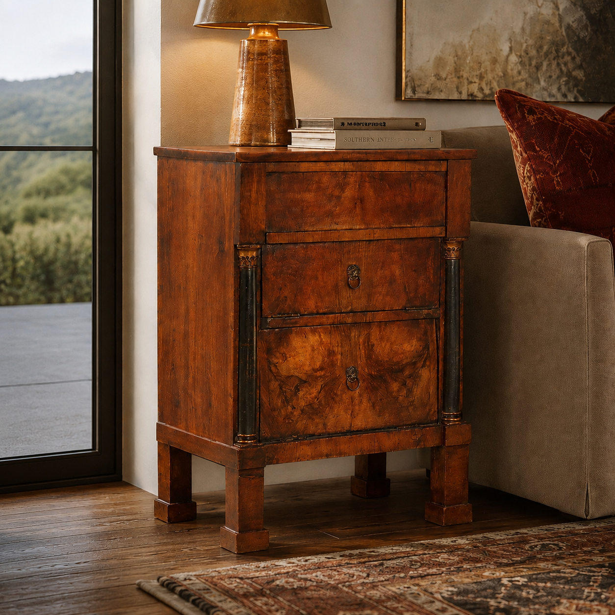 Antique-style two-drawer wooden side table with rich walnut burl veneer, dark column accents, brass lion ring pulls, and tapered square legs on hardwood floor.