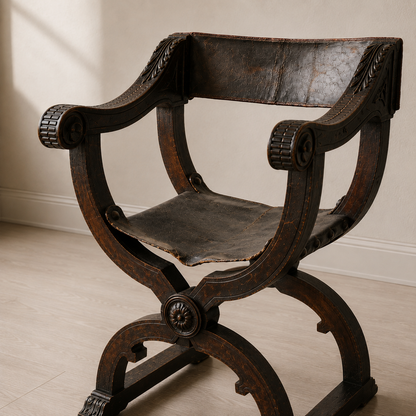 Antique Savonarola X-frame armchair in dark ebonized wood with aged embossed leather seat and back, ornate carved acanthus and rosette details, Renaissance style