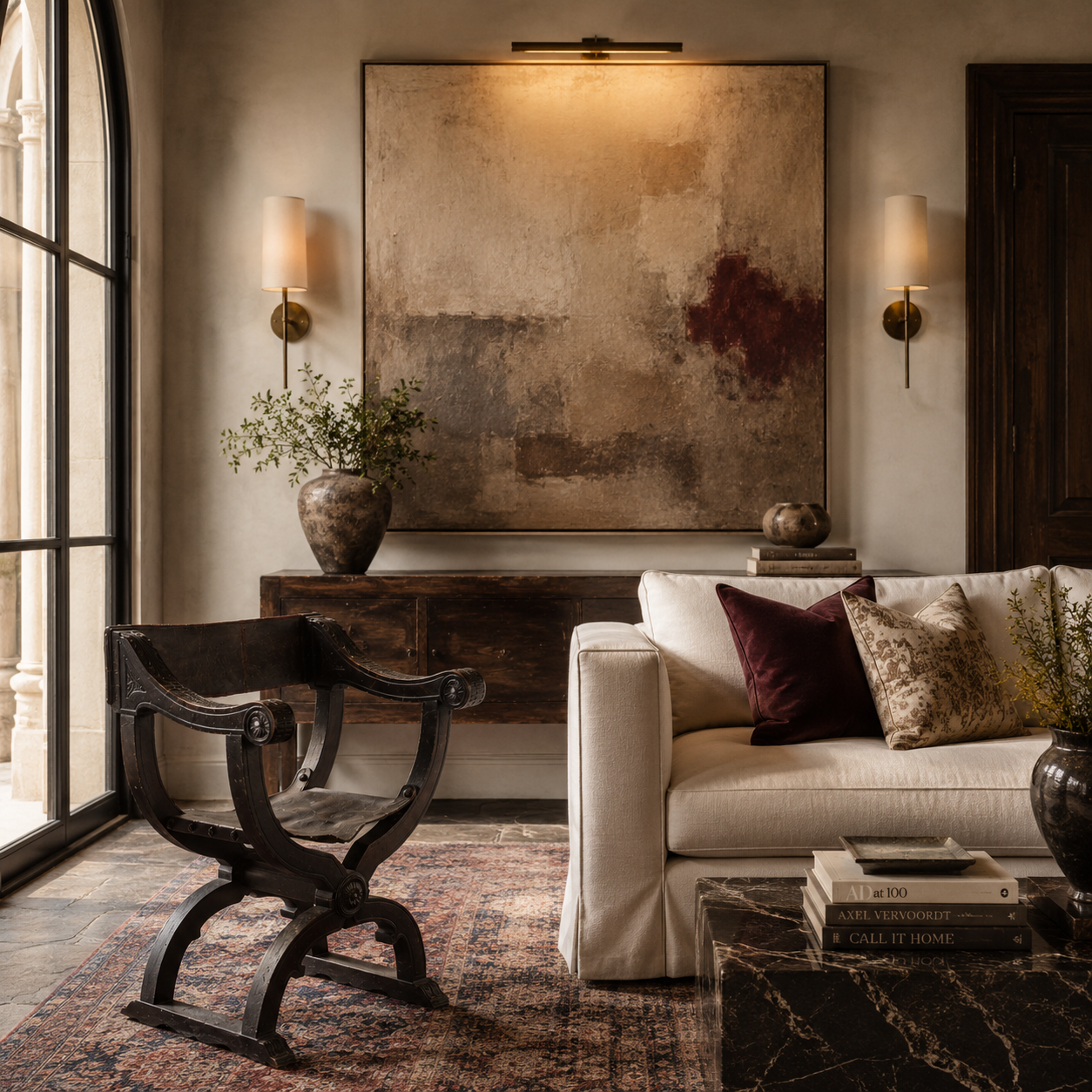 Antique-style X-frame Savonarola chair in dark ebonized wood with carved scrollwork details, set on a Persian rug in an elegant Mediterranean-inspired living room.