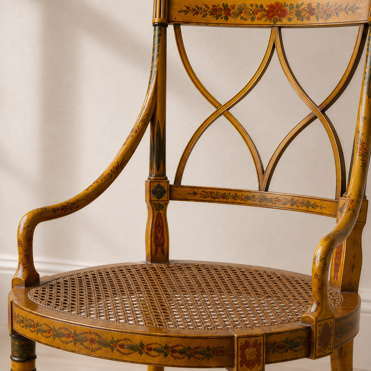 Regency-style painted armchair with golden yellow lacquered wood, intricate hand-painted floral motifs, Gothic arch lattice back, and woven cane seat