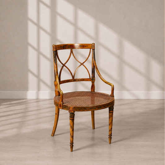 Regency-style painted armchair with cane seat, honey-gold wood frame featuring Gothic arch back splat, floral hand-painted details, and slender tapered legs.