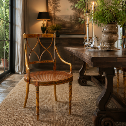 Antique yellow-painted armchair with hand-painted floral motifs, curved lattice backrest, round cane seat, and turned legs, styled in an elegant traditional dining room.