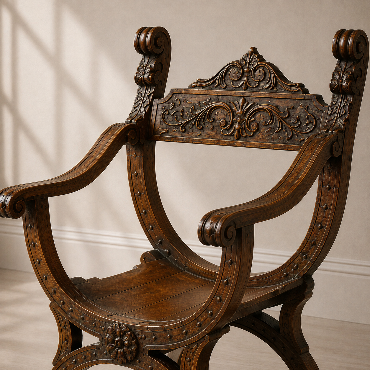 Ornate dark walnut Dagobert throne armchair with intricate floral and scrollwork carvings, X-frame curved legs, decorative nail head trim, and scrolled armrests