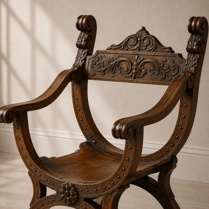 Ornate dark walnut Dagobert throne armchair with intricate floral and scrollwork carvings, X-frame curved legs, decorative nail head trim, and scrolled armrests