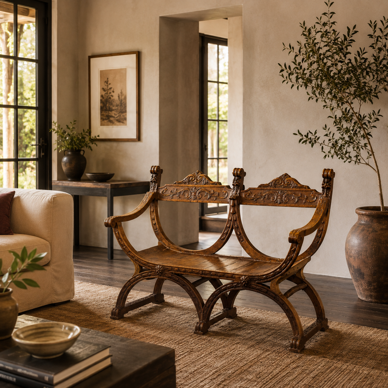 Antique-style carved wood settee bench with ornate scrollwork backrest, curved X-frame legs, and rich walnut finish, displayed in a warm Mediterranean-inspired living room.