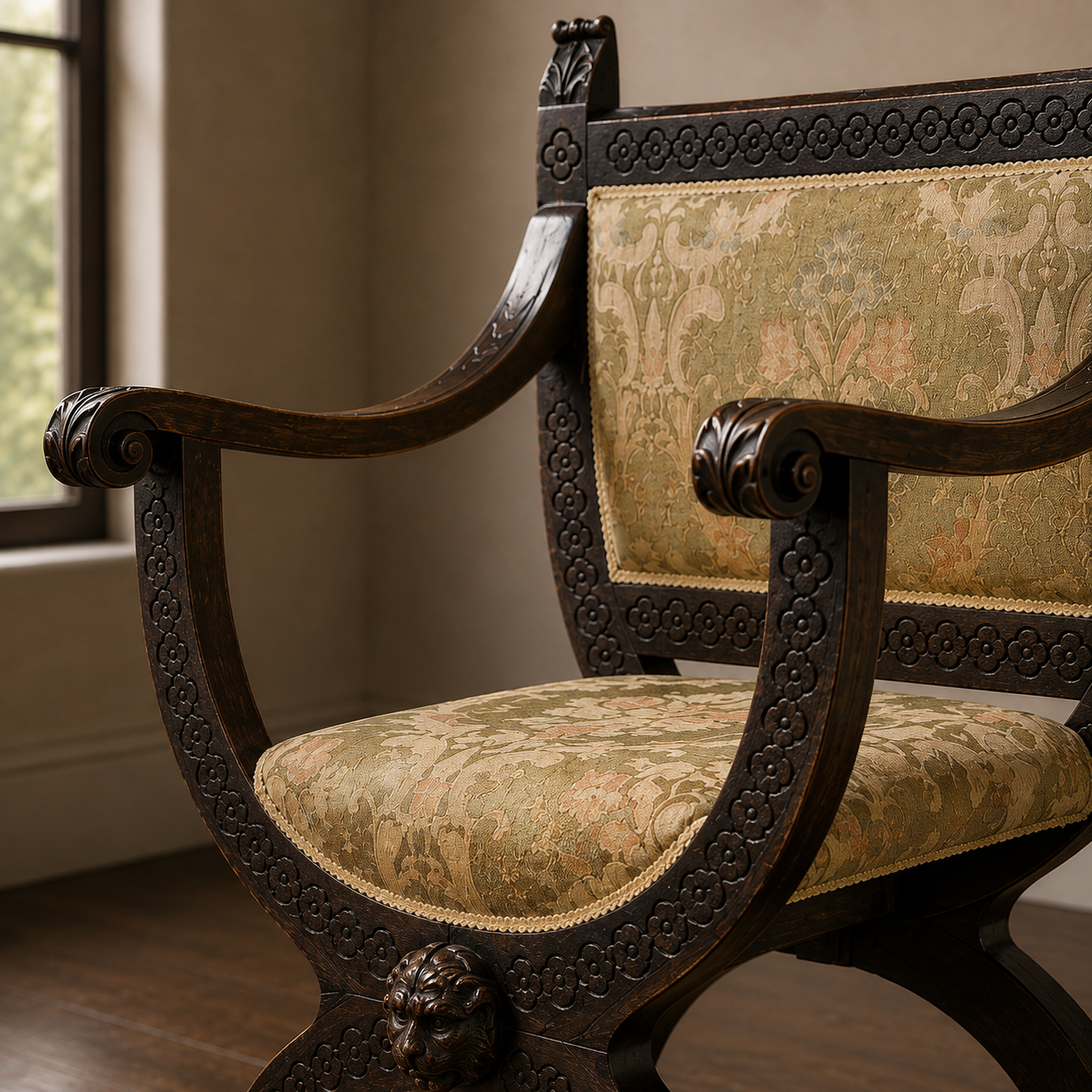 Ornate Renaissance-style armchair with dark walnut carved wood frame featuring floral motifs, lion head accents, scrolled arms, and aged gold damask upholstery