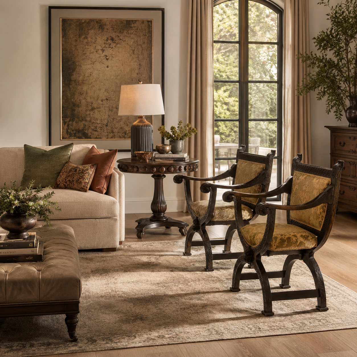 Ornate dark wood armchairs with gold damask upholstery featuring intricate carved details and X-base frame, styled in an elegant traditional living room setting.