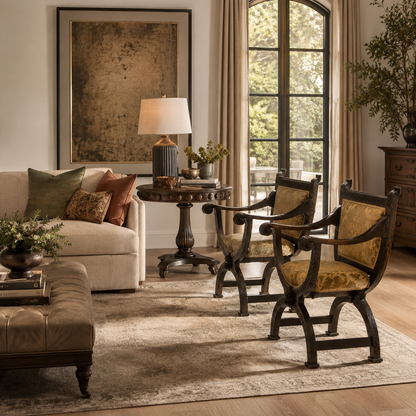 Ornate dark wood armchairs with gold damask upholstery featuring intricate carved details and X-base frame, styled in an elegant traditional living room setting.