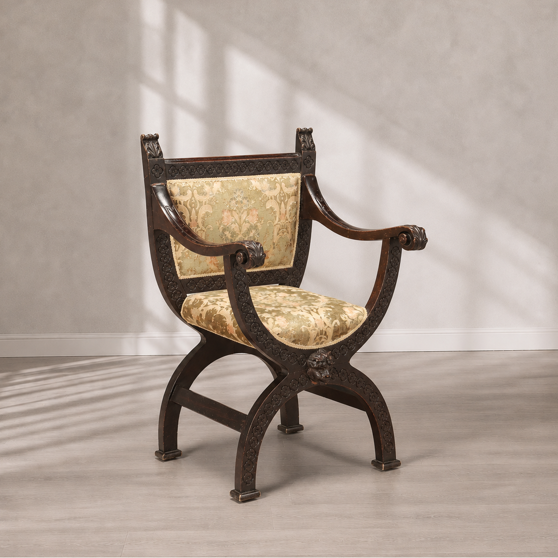 DMM2626 ornate Dagobert armchair with dark walnut carved wood frame, X-shaped base with lion head details, and gold damask upholstered seat and back