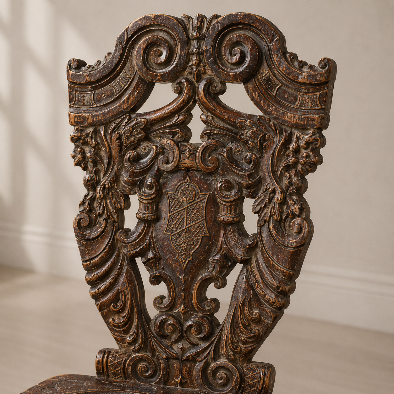 Heavily carved dark walnut antique chair back featuring intricate Baroque scrollwork, acanthus leaves, heraldic shield motif, and volutes with aged distressed patina
