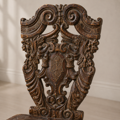 Heavily carved dark walnut antique chair back featuring intricate Baroque scrollwork, acanthus leaves, heraldic shield motif, and volutes with aged distressed patina