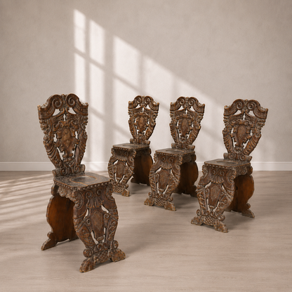 Set of four ornately hand-carved dark walnut wood sgabello chairs featuring elaborate Baroque scrollwork, shield-shaped backs, trestle bases, and inlaid details throughout.
