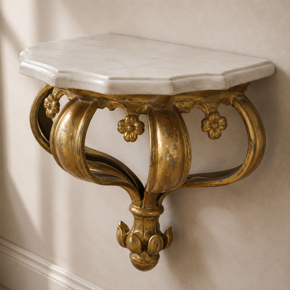 Ornate gold-finished wall bracket shelf with carved floral motifs, scrolling legs, and a white marble octagonal top in classic Baroque style