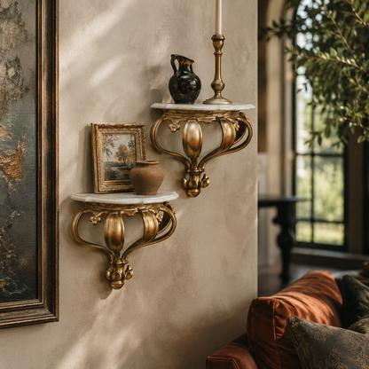 Pair of ornate gold baroque wall-mounted bracket shelves with white marble tops, featuring scrolled acanthus leaf detailing and distressed antique gold finish