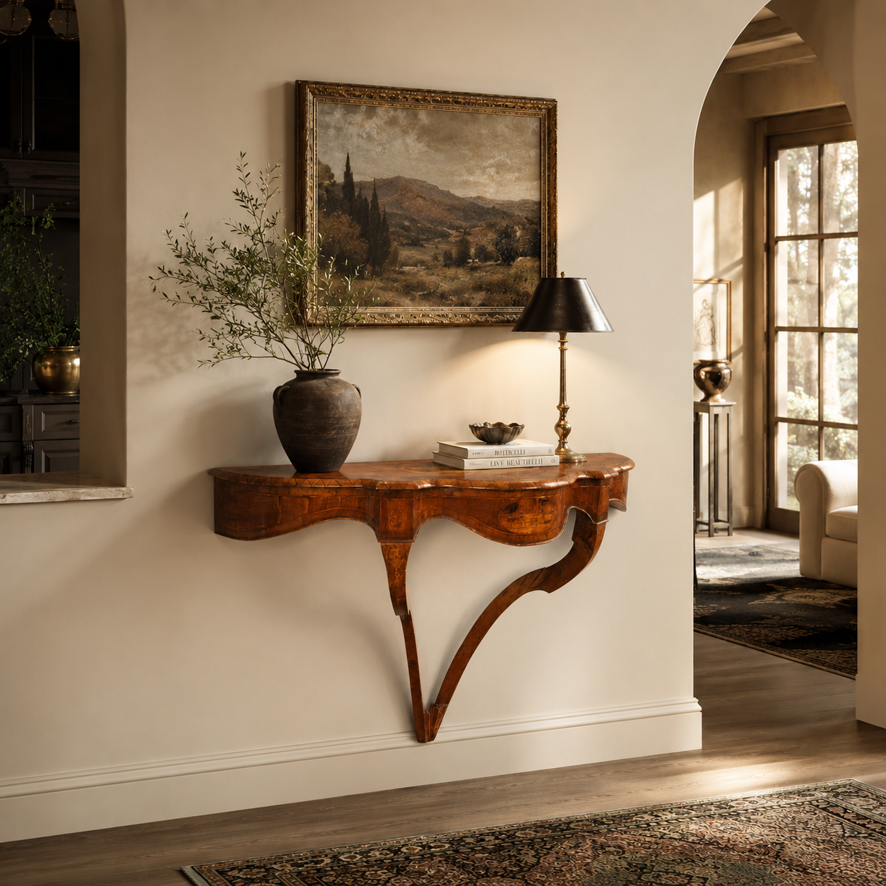 Antique-style wall-mounted console table in warm walnut brown with ornate carved cabriole legs, scalloped apron, and inlaid marquetry top surface detail.