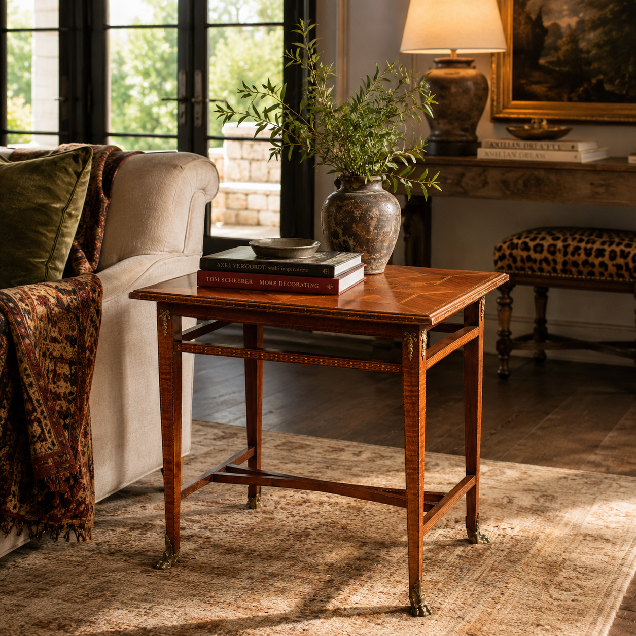 Antique-style mahogany side table with parquetry top, tapered legs, brass claw feet and corner mounts, styled with stacked books and rustic vase with greenery.