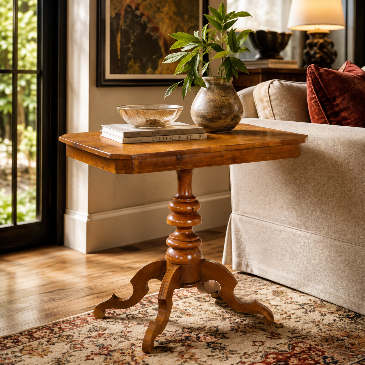 Antique-style wooden pedestal side table with ornate turned column base, scrolled tripod feet, warm honey-brown finish, square top with decorative books and rustic vase.