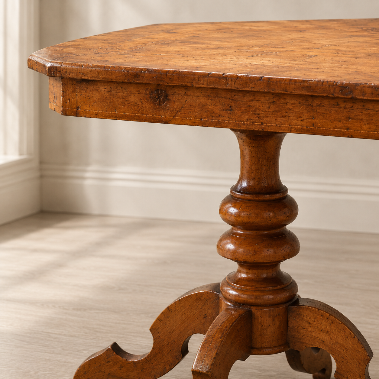 Antique walnut pedestal table with octagonal top, ornately turned column base, and carved scrolled tripod feet showing rich honey-brown patina and natural wood grain