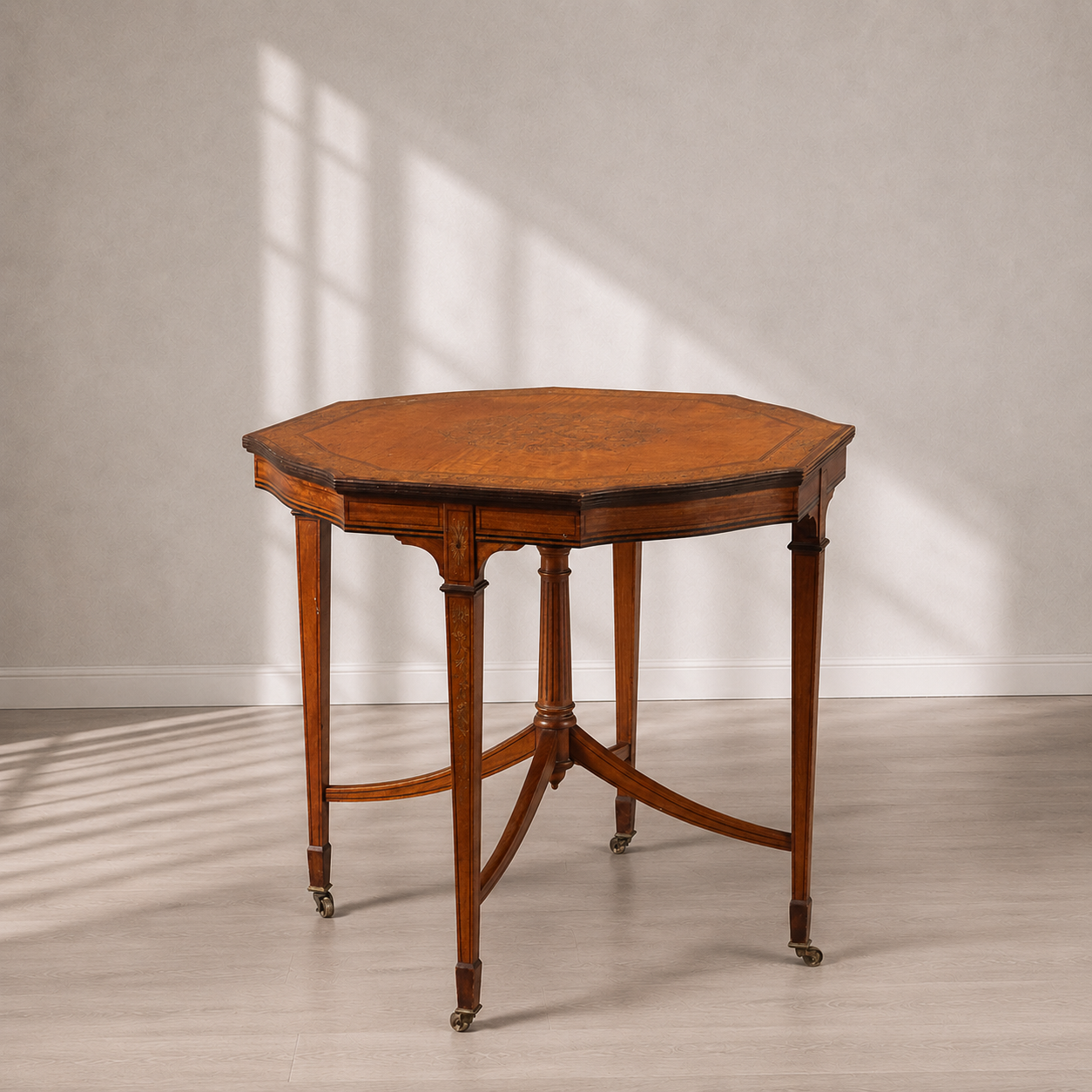 Antique octagonal center table in warm honey-brown wood with inlaid marquetry top, fluted central column, tapered legs with brass caster wheels, and curved stretcher base.