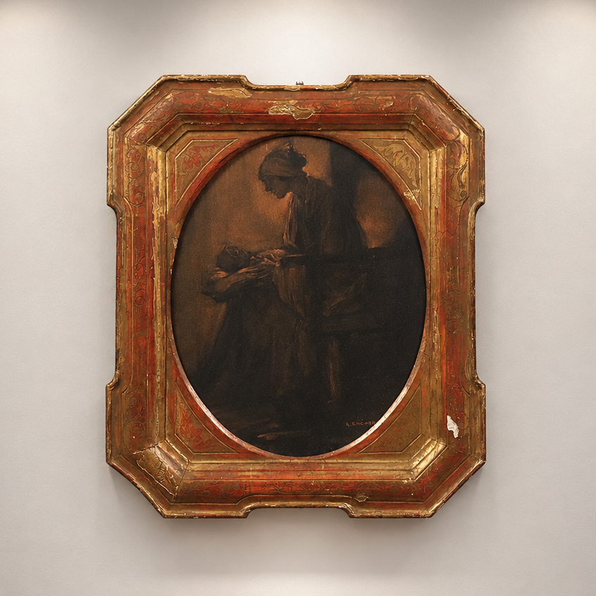 Antique ornate gilt and red painted wooden frame with oval opening, housing a dark oil painting of a woman holding an infant, baroque-style decorative carvings