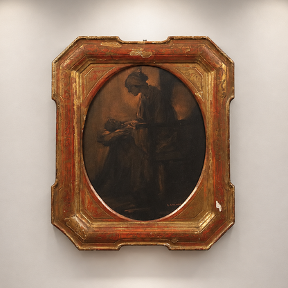 Antique ornate gilt and red painted wooden frame with oval opening, housing a dark oil painting of a woman holding an infant, baroque-style decorative carvings
