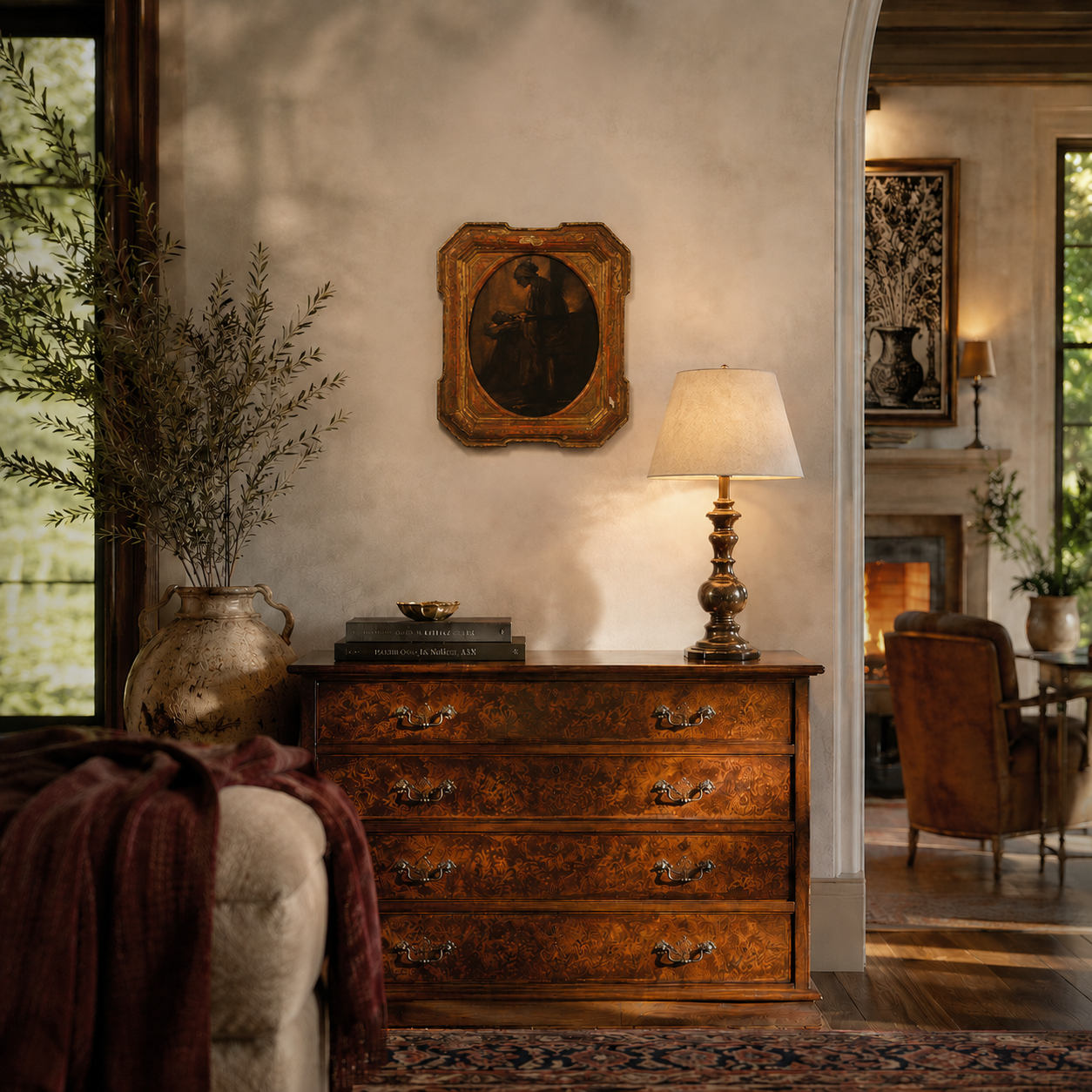 Antique-style burl wood chest of drawers with ornate brass hardware, rich warm brown tones, four drawers, displayed in a cozy traditional interior setting.
