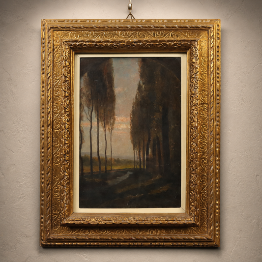 Antique oil painting in ornate gold gilt frame depicting tall poplar trees at dusk with warm sunset sky, dark moody landscape, intricate carved scrollwork border.